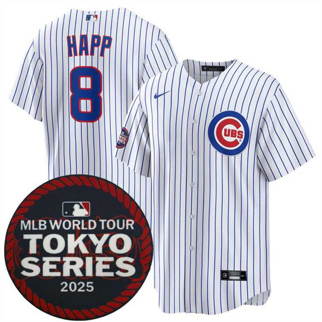 Men%27s Chicago Cubs #8 Ian Happ White 2025 World Tour Tokyo Series Home Stitched Jersey Dzhi